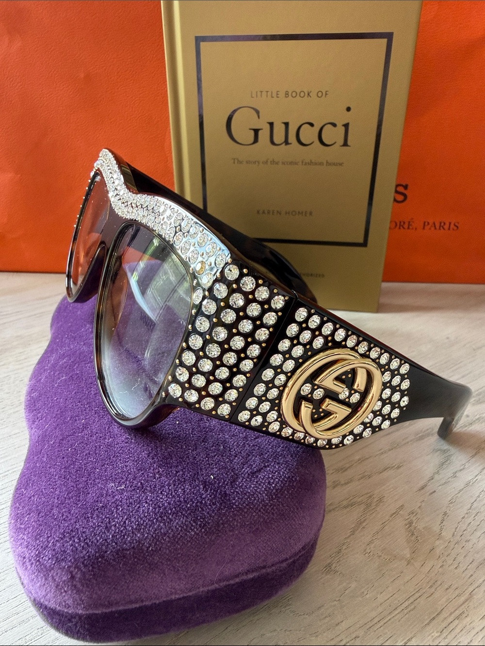 Gucci Crystal Embellished Oversized Sunglasses GG Logo Black Gold Statement